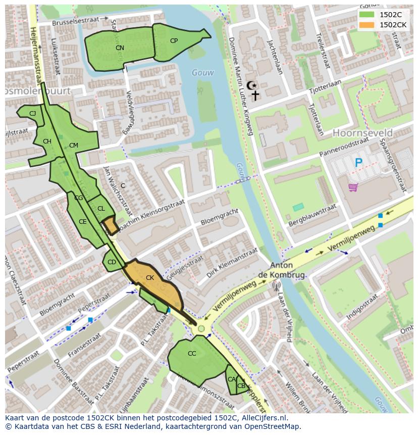 Afbeelding van het postcodegebied 1502 CK op de kaart.
