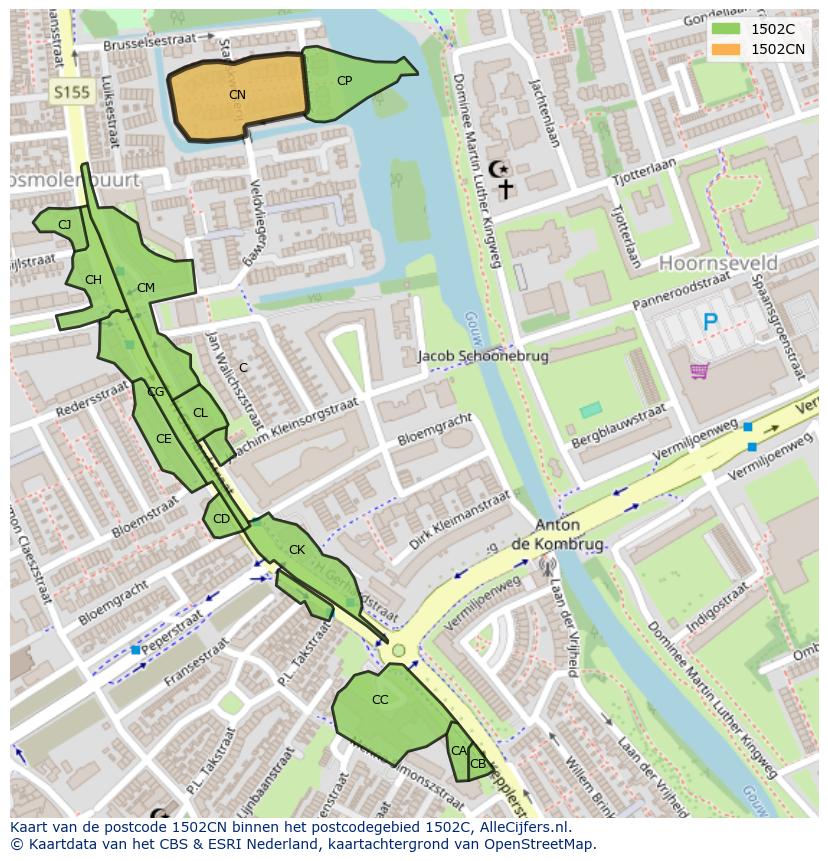 Afbeelding van het postcodegebied 1502 CN op de kaart.