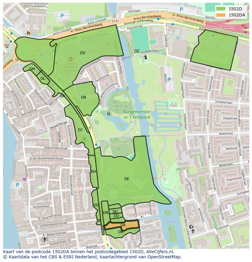 Afbeelding van het postcodegebied 1502 DA op de kaart.