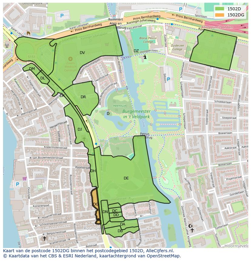 Afbeelding van het postcodegebied 1502 DG op de kaart.