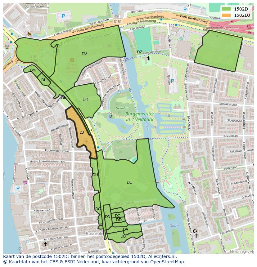 Afbeelding van het postcodegebied 1502 DJ op de kaart.