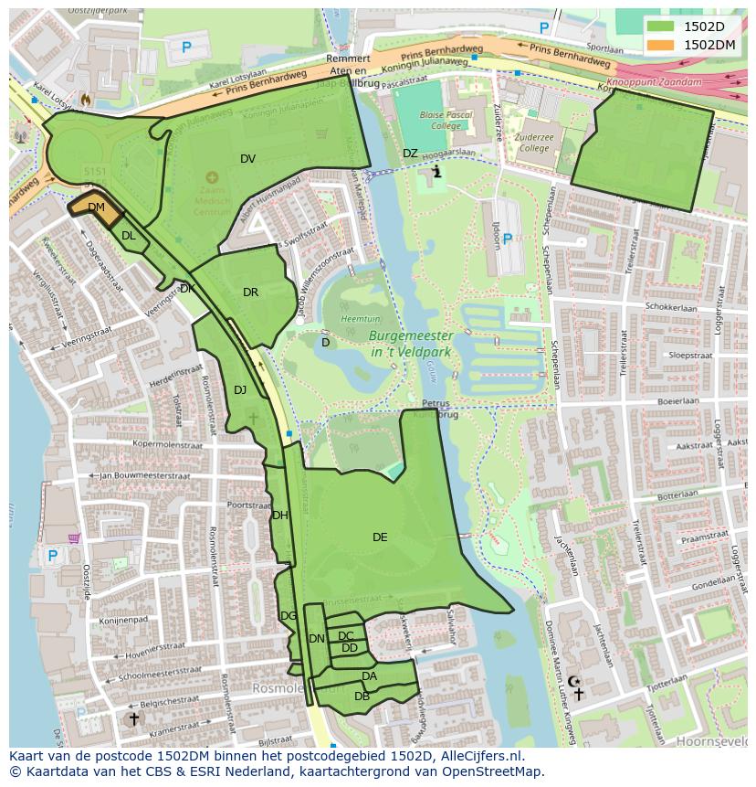 Afbeelding van het postcodegebied 1502 DM op de kaart.