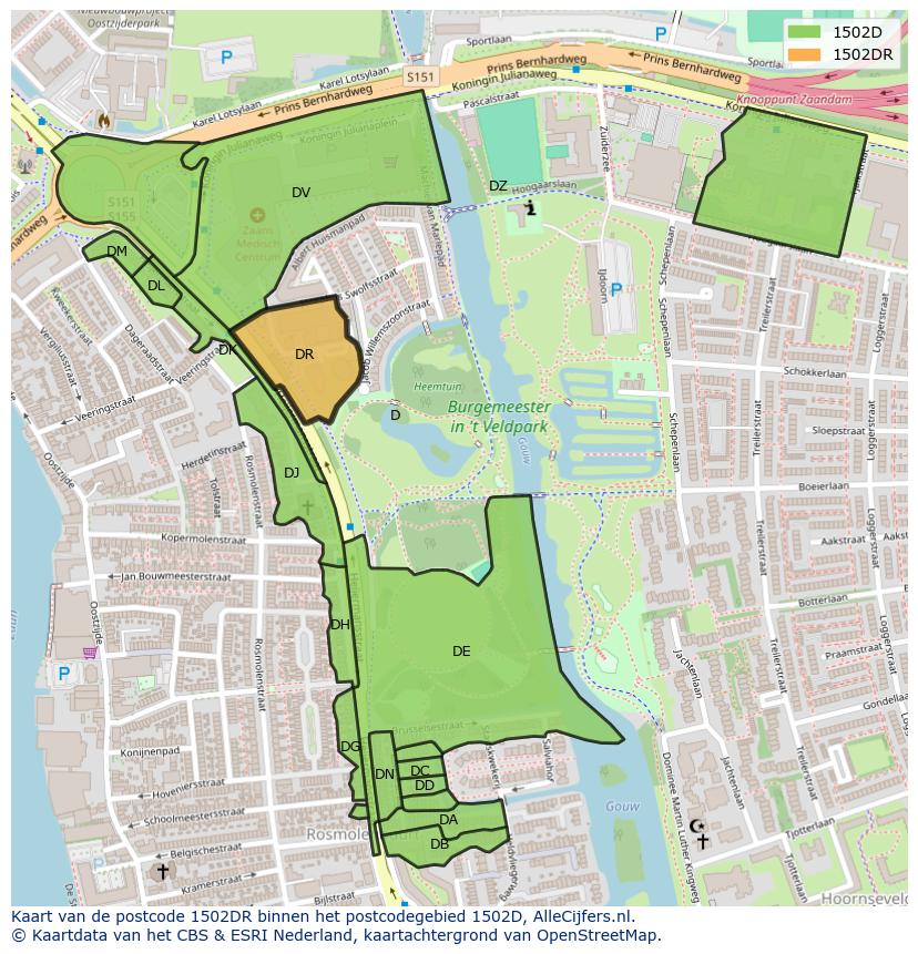 Afbeelding van het postcodegebied 1502 DR op de kaart.