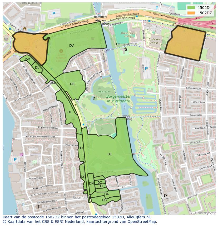 Afbeelding van het postcodegebied 1502 DZ op de kaart.