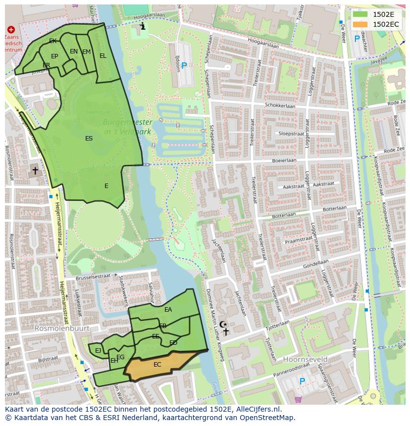 Afbeelding van het postcodegebied 1502 EC op de kaart.