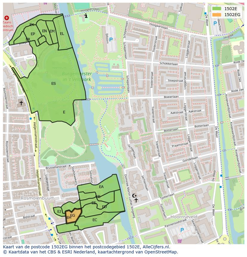 Afbeelding van het postcodegebied 1502 EG op de kaart.