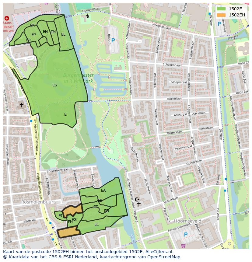 Afbeelding van het postcodegebied 1502 EH op de kaart.