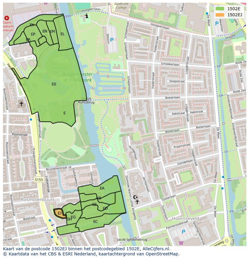 Afbeelding van het postcodegebied 1502 EJ op de kaart.