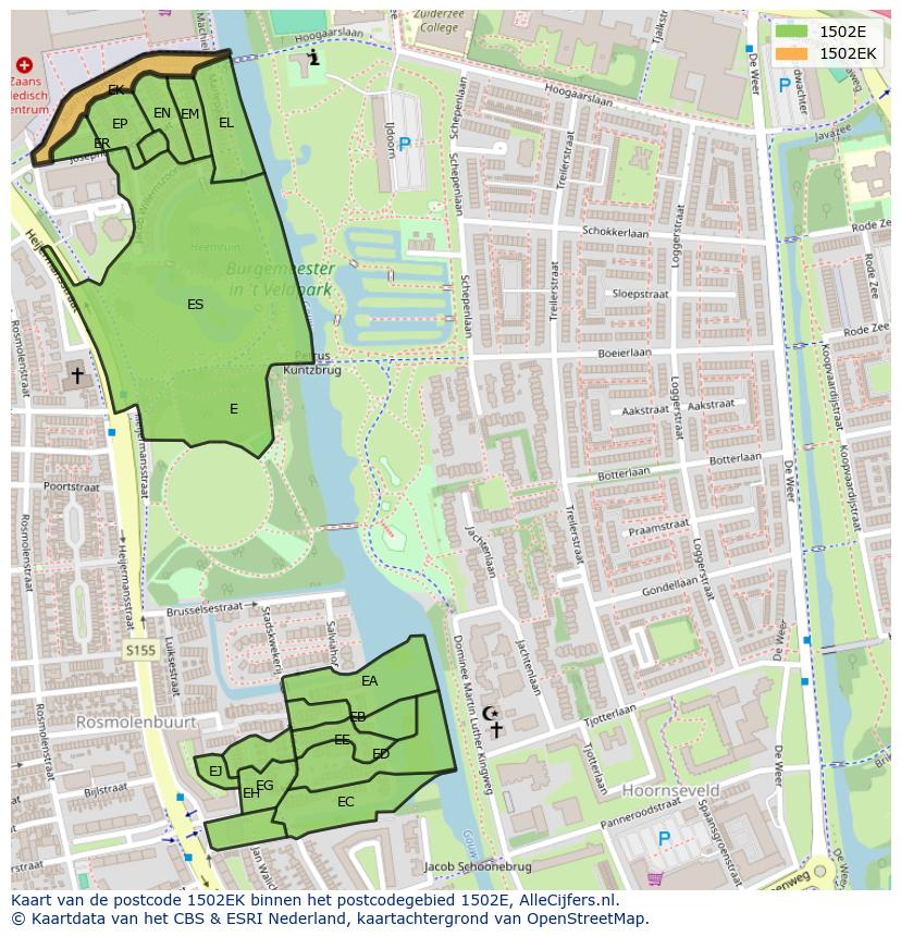 Afbeelding van het postcodegebied 1502 EK op de kaart.