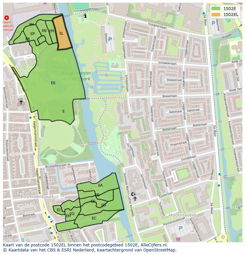 Afbeelding van het postcodegebied 1502 EL op de kaart.