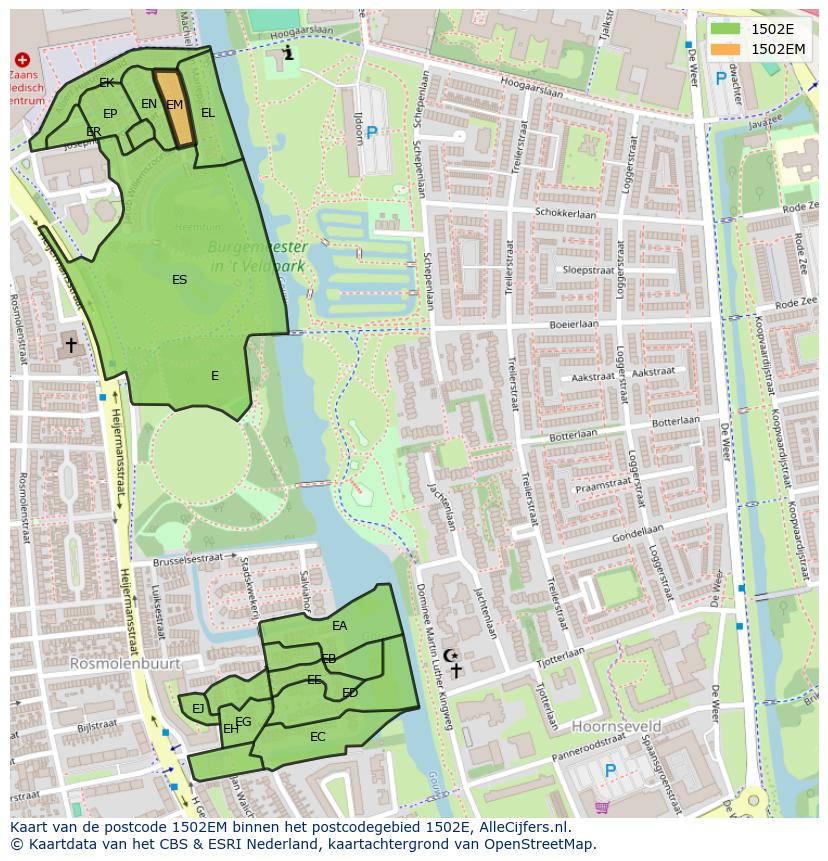 Afbeelding van het postcodegebied 1502 EM op de kaart.