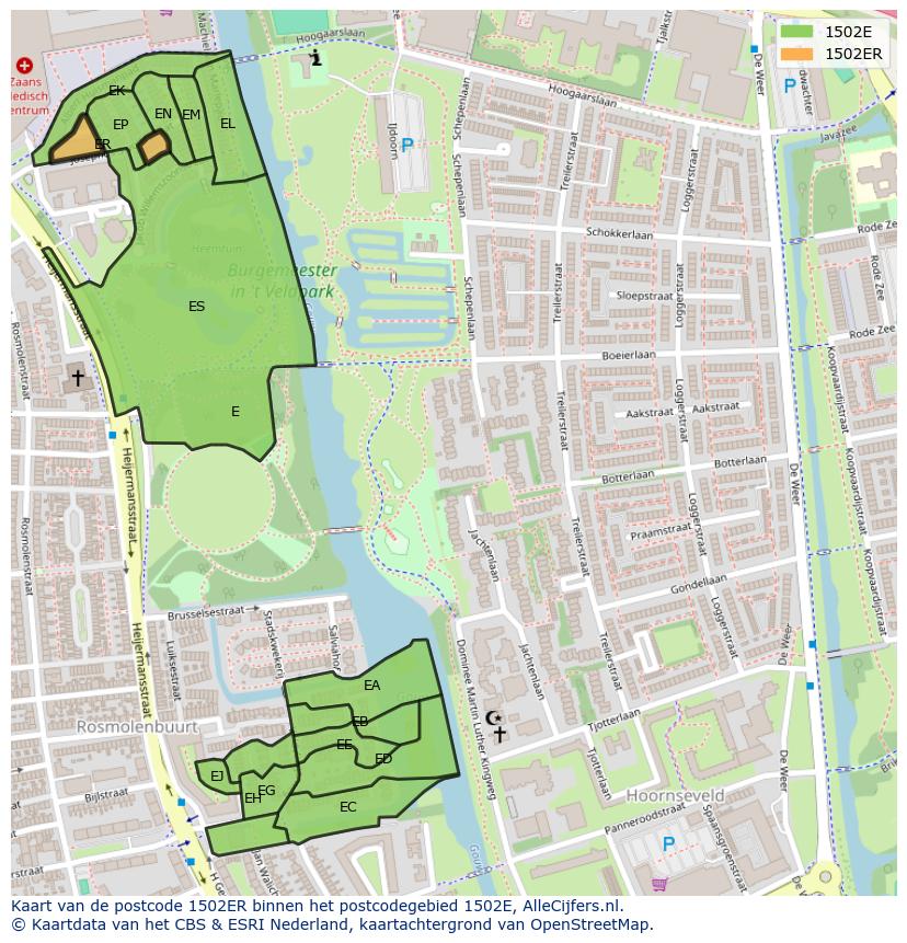 Afbeelding van het postcodegebied 1502 ER op de kaart.