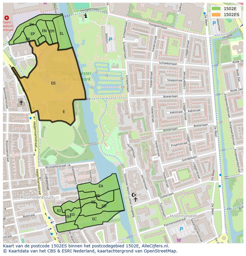 Afbeelding van het postcodegebied 1502 ES op de kaart.