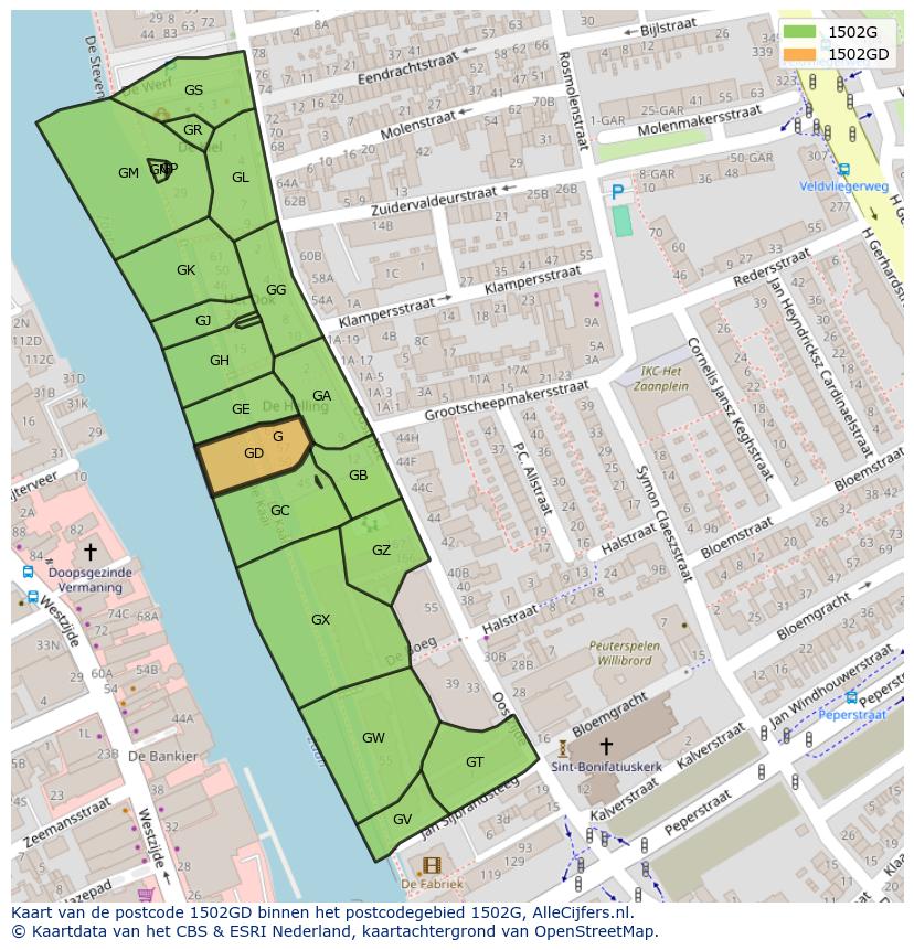 Afbeelding van het postcodegebied 1502 GD op de kaart.