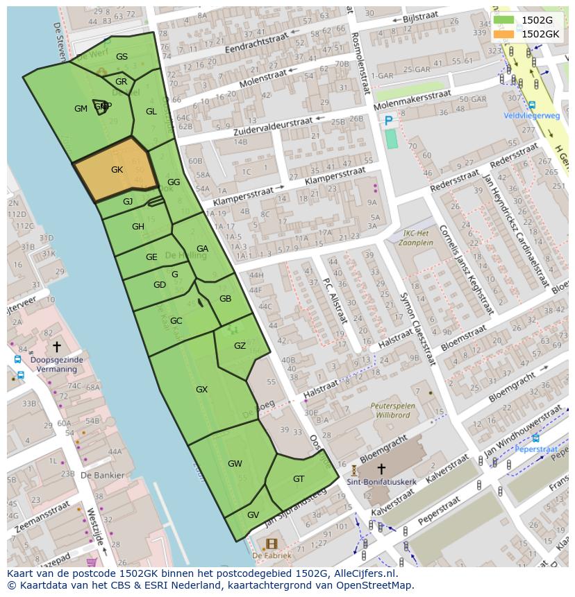Afbeelding van het postcodegebied 1502 GK op de kaart.