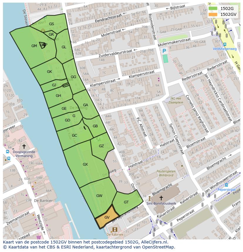 Afbeelding van het postcodegebied 1502 GV op de kaart.
