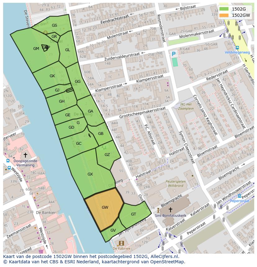 Afbeelding van het postcodegebied 1502 GW op de kaart.