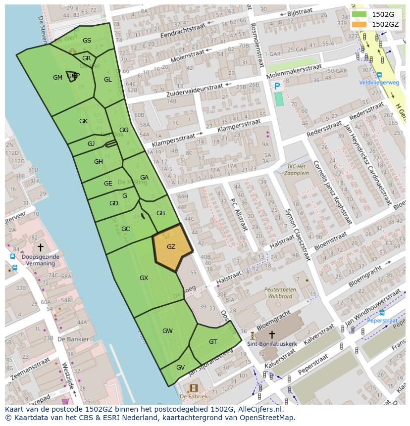 Afbeelding van het postcodegebied 1502 GZ op de kaart.