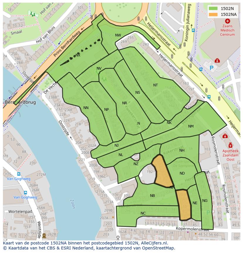 Afbeelding van het postcodegebied 1502 NA op de kaart.