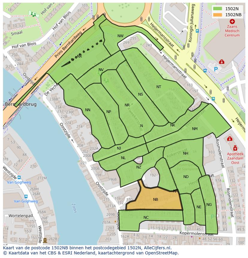 Afbeelding van het postcodegebied 1502 NB op de kaart.