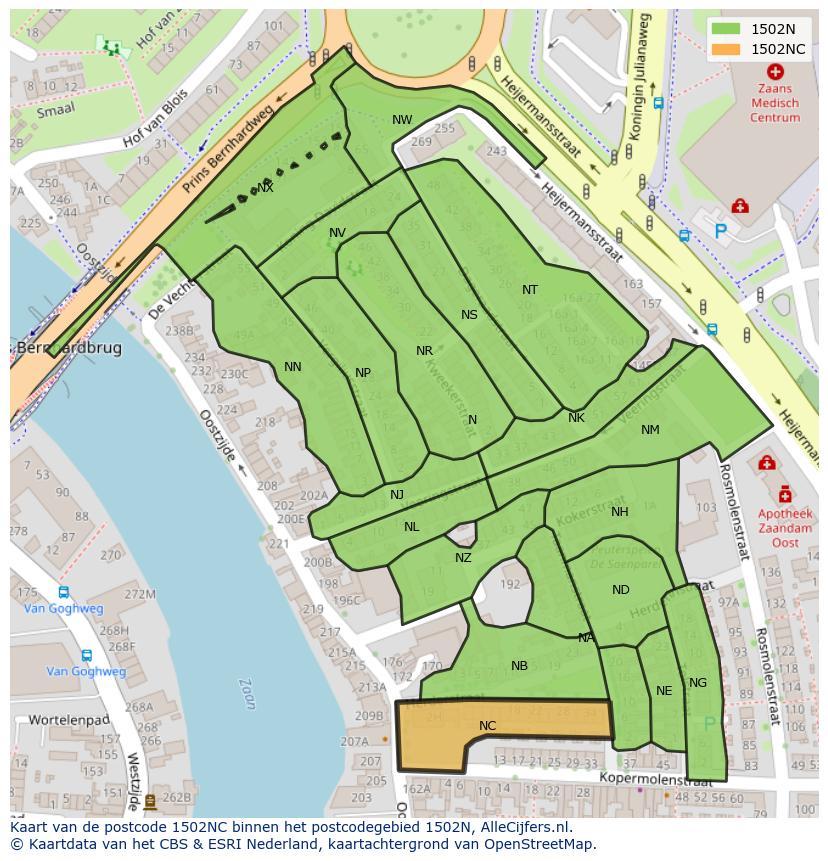 Afbeelding van het postcodegebied 1502 NC op de kaart.
