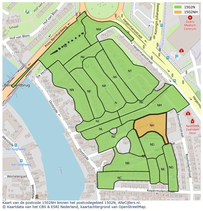 Afbeelding van het postcodegebied 1502 NH op de kaart.
