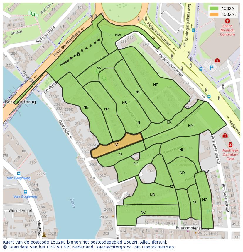 Afbeelding van het postcodegebied 1502 NJ op de kaart.