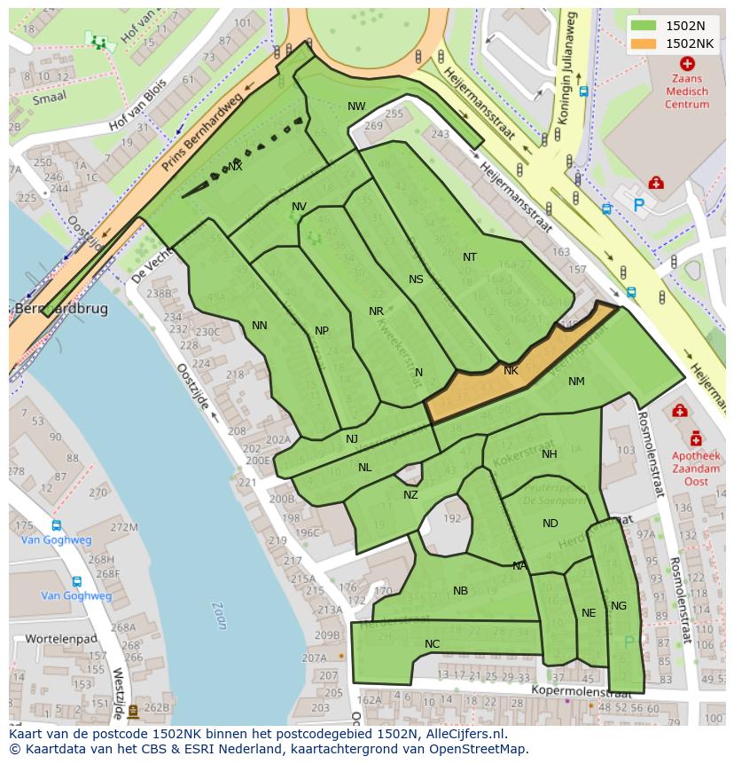 Afbeelding van het postcodegebied 1502 NK op de kaart.