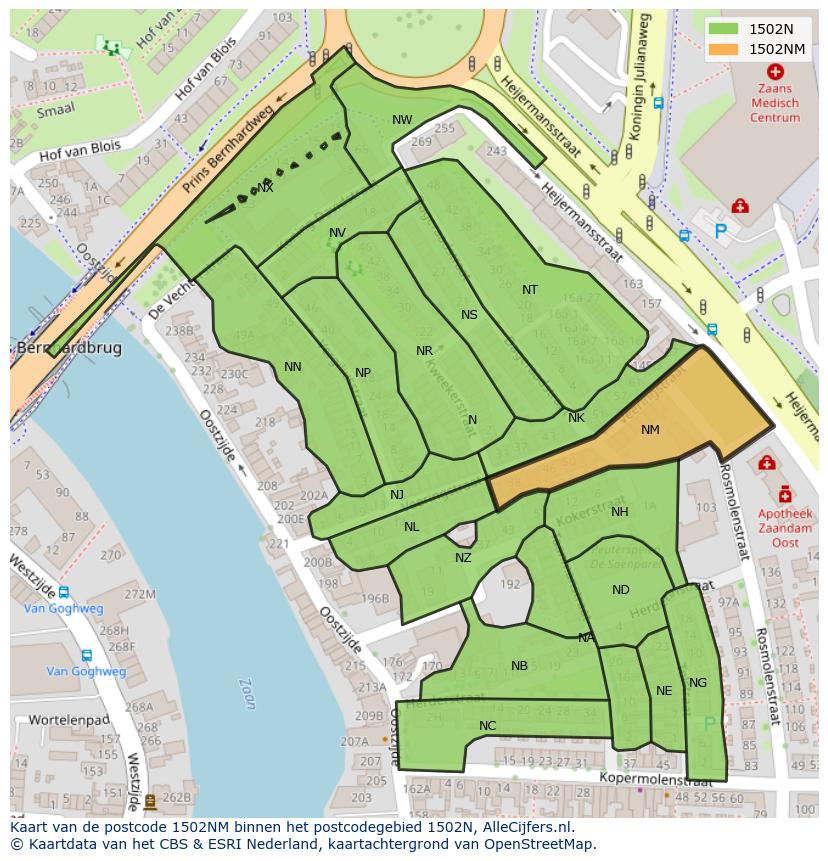 Afbeelding van het postcodegebied 1502 NM op de kaart.