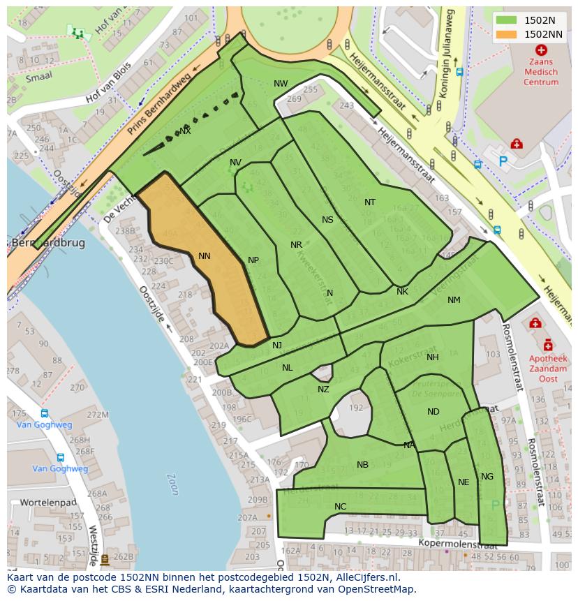 Afbeelding van het postcodegebied 1502 NN op de kaart.