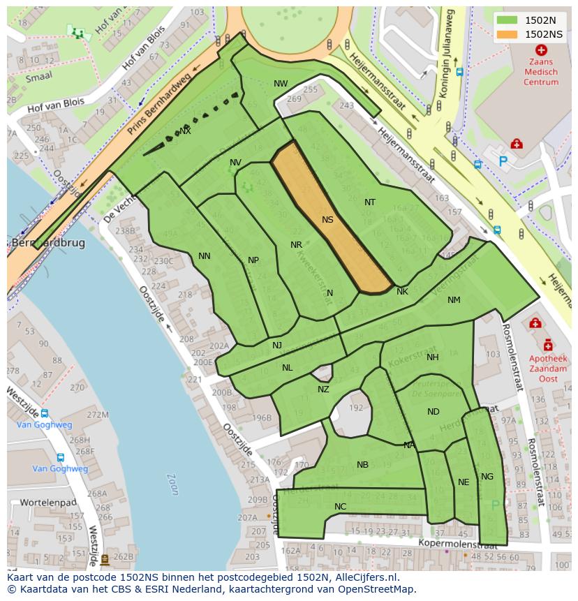 Afbeelding van het postcodegebied 1502 NS op de kaart.
