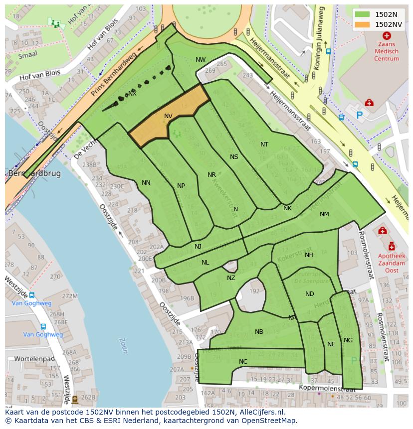 Afbeelding van het postcodegebied 1502 NV op de kaart.