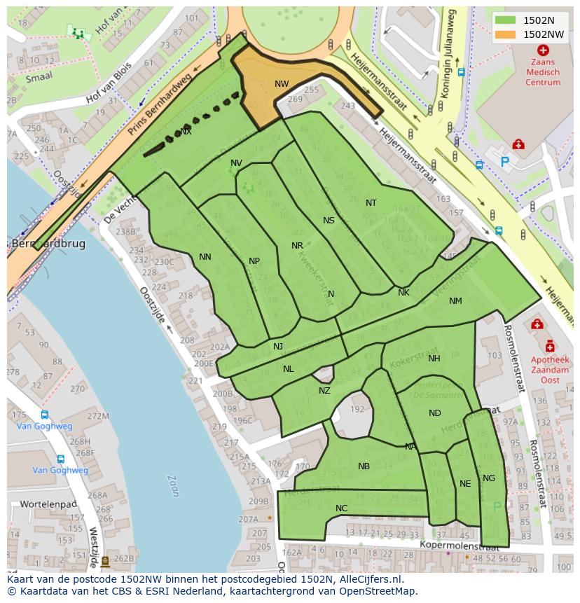 Afbeelding van het postcodegebied 1502 NW op de kaart.
