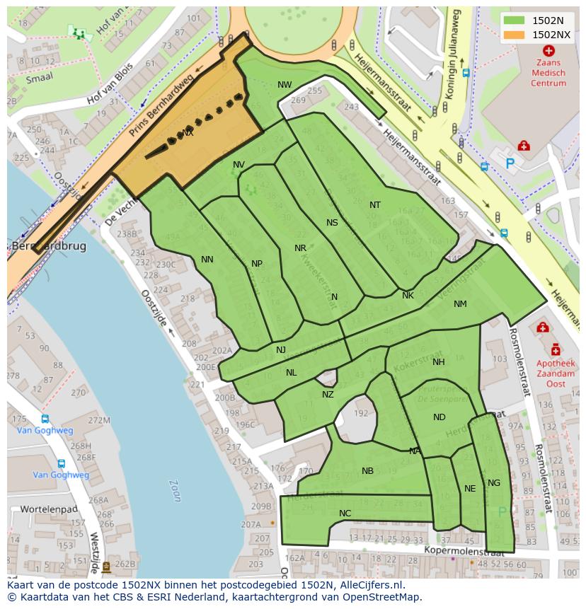Afbeelding van het postcodegebied 1502 NX op de kaart.