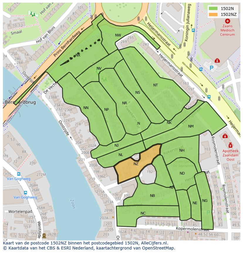 Afbeelding van het postcodegebied 1502 NZ op de kaart.