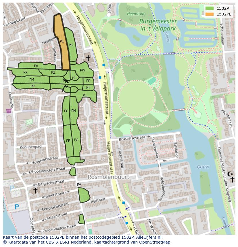 Afbeelding van het postcodegebied 1502 PE op de kaart.