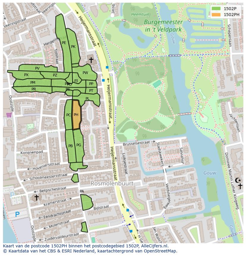 Afbeelding van het postcodegebied 1502 PH op de kaart.