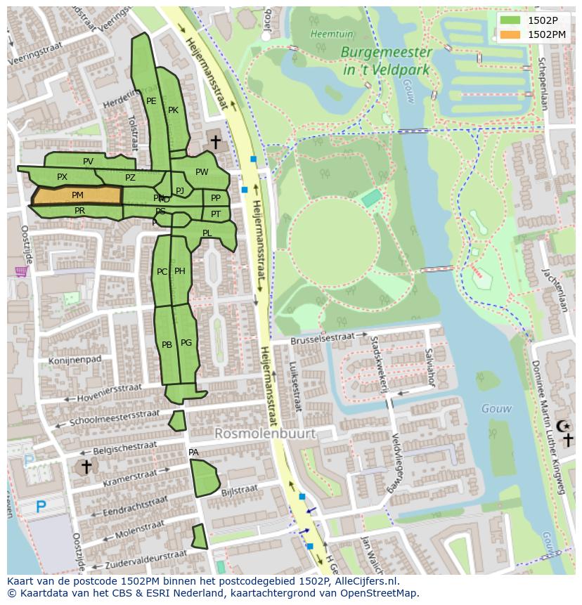 Afbeelding van het postcodegebied 1502 PM op de kaart.
