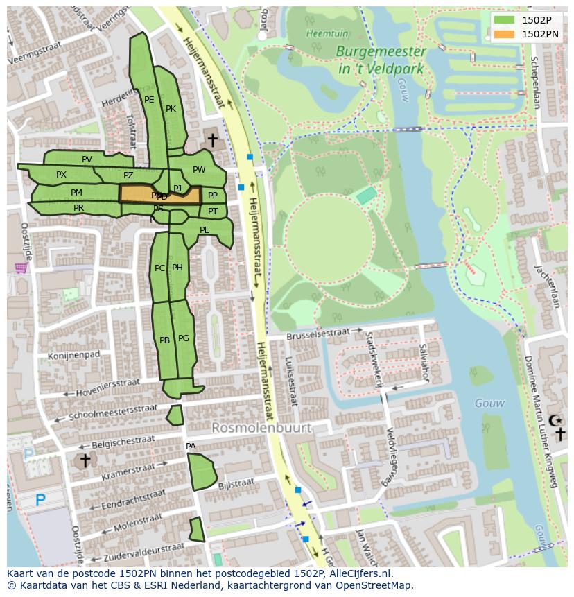 Afbeelding van het postcodegebied 1502 PN op de kaart.