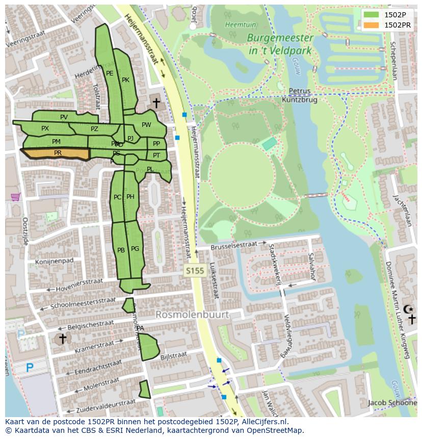 Afbeelding van het postcodegebied 1502 PR op de kaart.
