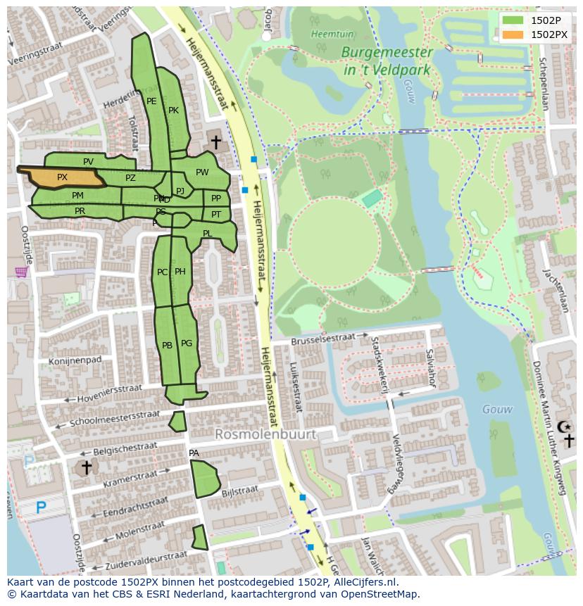 Afbeelding van het postcodegebied 1502 PX op de kaart.