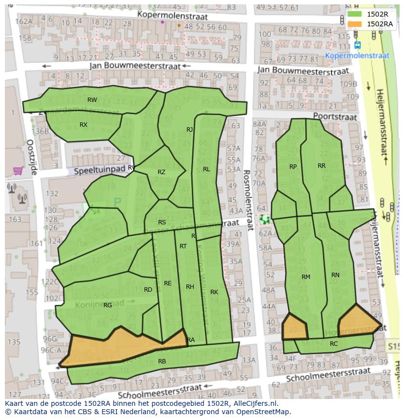 Afbeelding van het postcodegebied 1502 RA op de kaart.