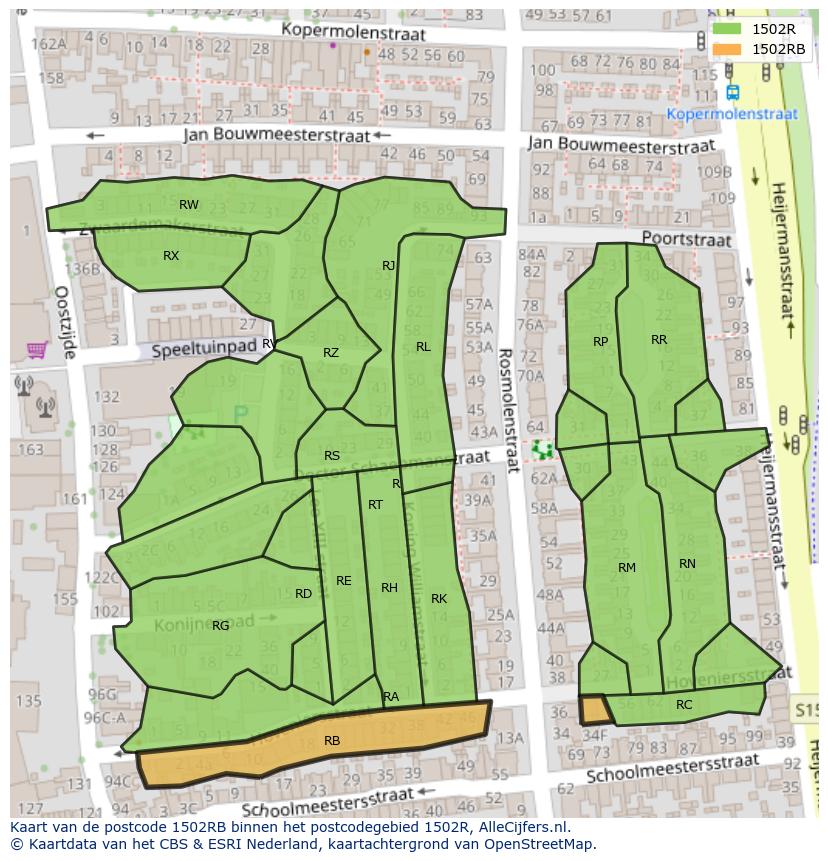 Afbeelding van het postcodegebied 1502 RB op de kaart.