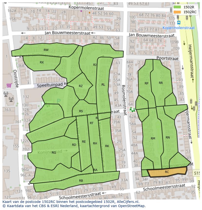 Afbeelding van het postcodegebied 1502 RC op de kaart.