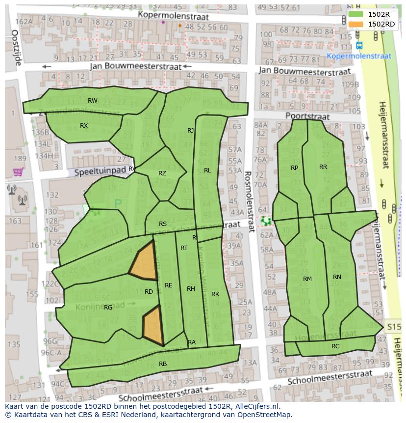 Afbeelding van het postcodegebied 1502 RD op de kaart.