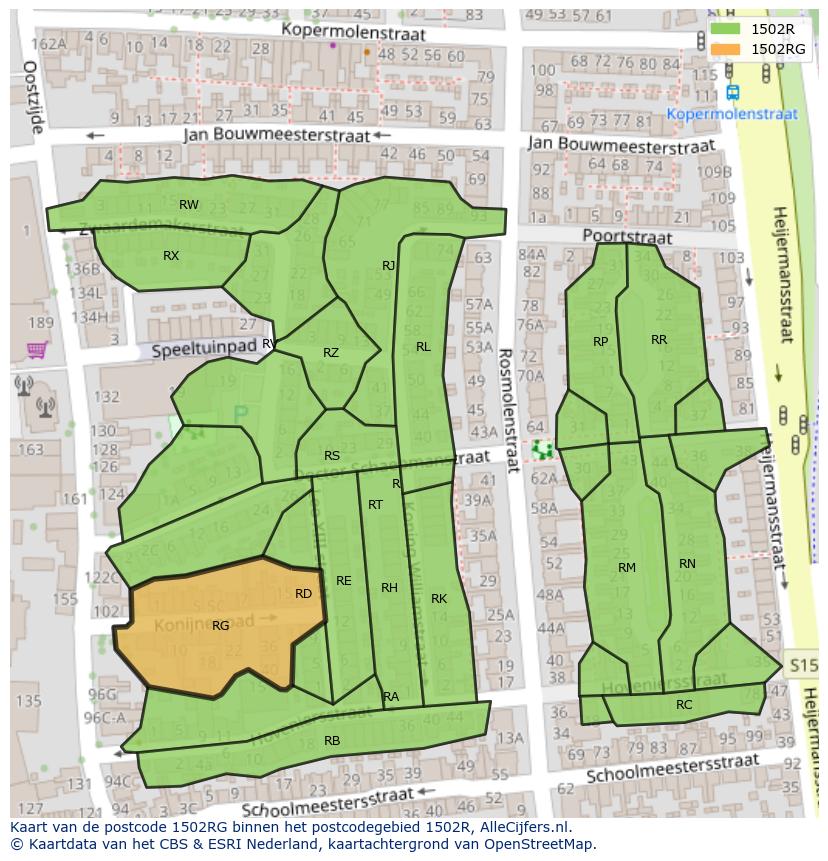 Afbeelding van het postcodegebied 1502 RG op de kaart.