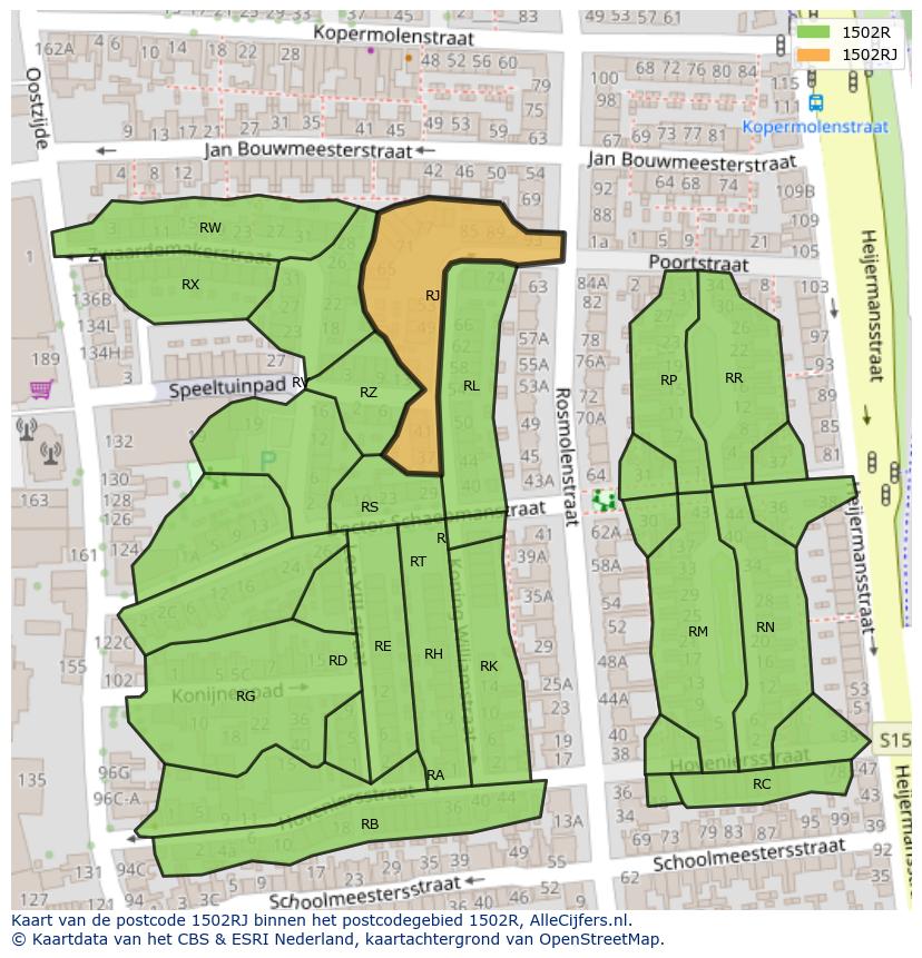 Afbeelding van het postcodegebied 1502 RJ op de kaart.