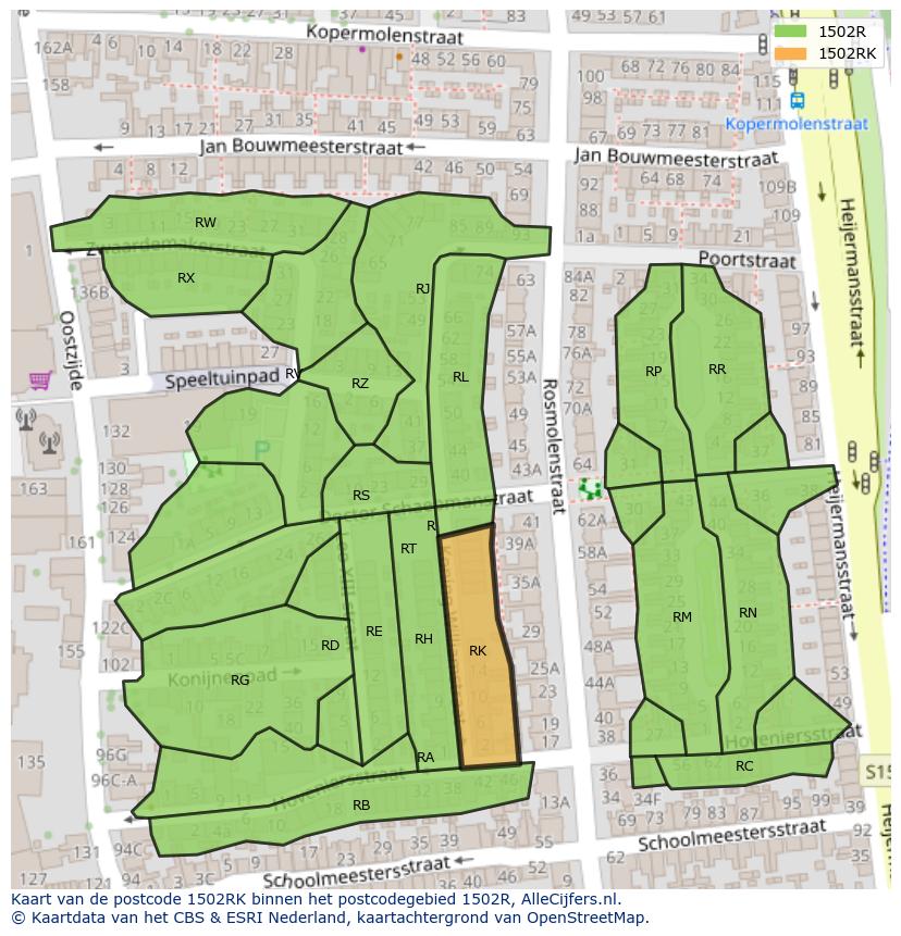 Afbeelding van het postcodegebied 1502 RK op de kaart.