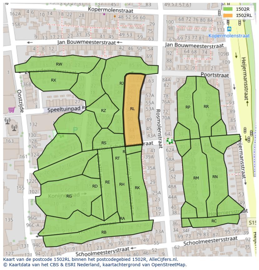 Afbeelding van het postcodegebied 1502 RL op de kaart.