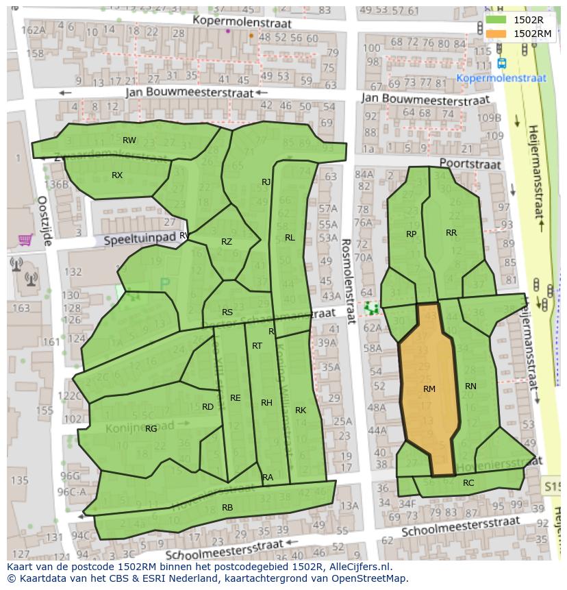 Afbeelding van het postcodegebied 1502 RM op de kaart.